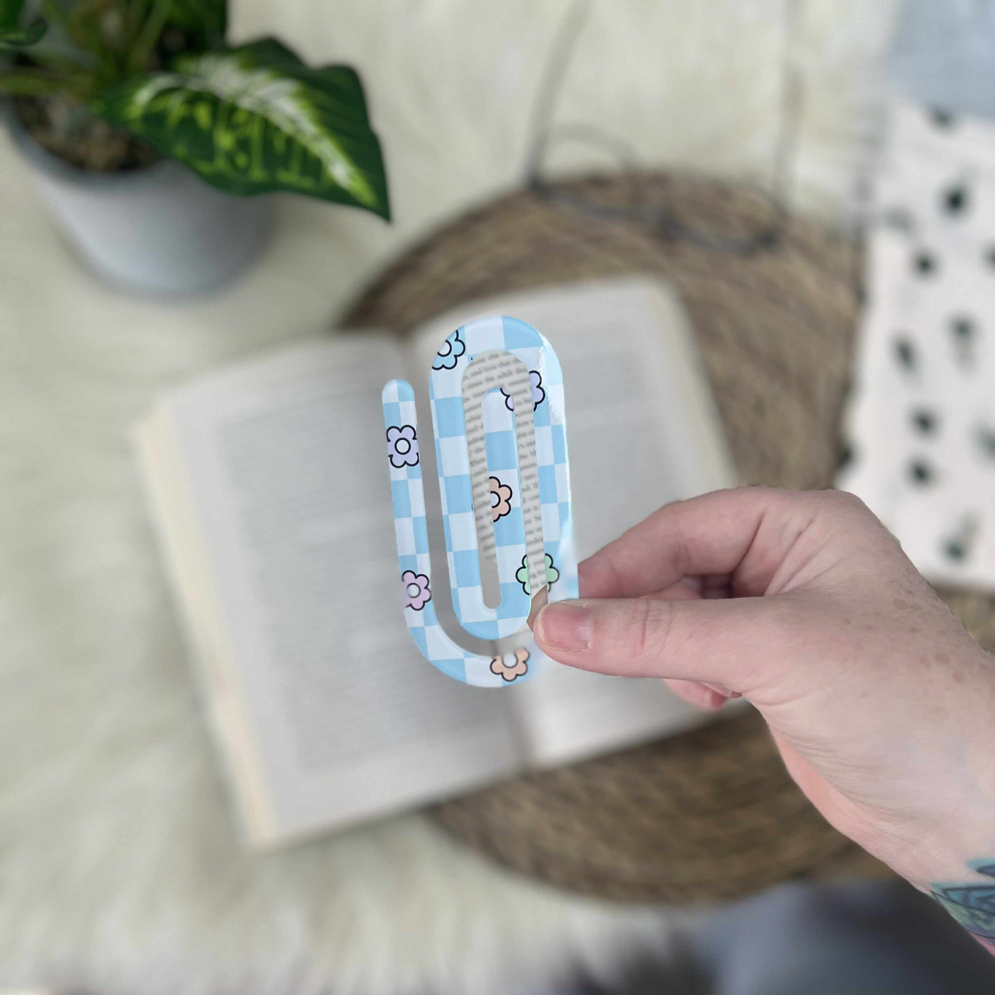 Jumbo Acrylic Paperclips / Bookmarks - Baby Blue Checks & Flowers